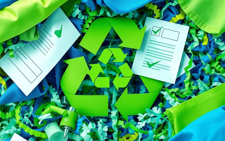 a pile of paper with a green recycling sign