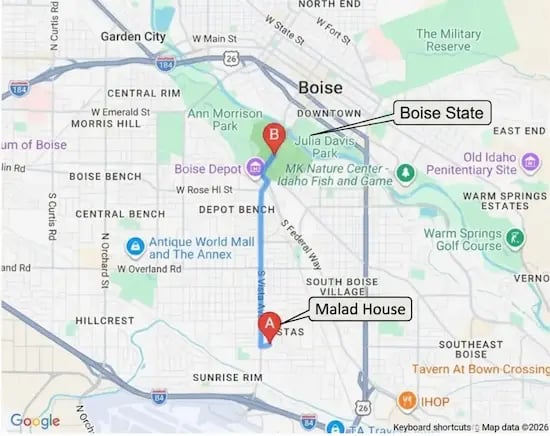 Map showing the direct route north on South Vista Avenue from Malad House to the Boise State University campus.