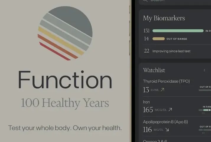 function health labs logo, text 'function 100 healthy years. test your whole body. own your health.'