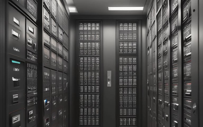 A metallic lockbox is attached to the handle of a black door. The front panel of the lockbox is open, revealing its interior with buttons and a mechanism inside. The door has a cylindrical lock above the handle, and the edge of a brown wall is visible on the right.