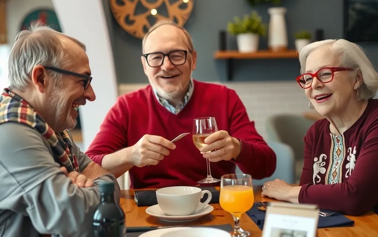 drei älterer Menschen sitzen froehlich zusammen