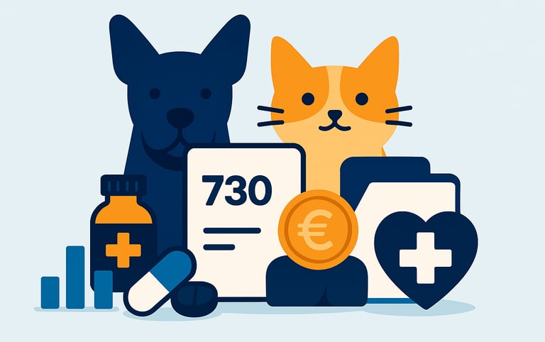 Illustrazione CAF Public di una figura stilizzata con animali domestici, riferita alle spese veterinarie.