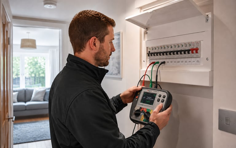 Electrician carrying out EICR electrical testing on a modern consumer unit inside a UK home in Chesterfield