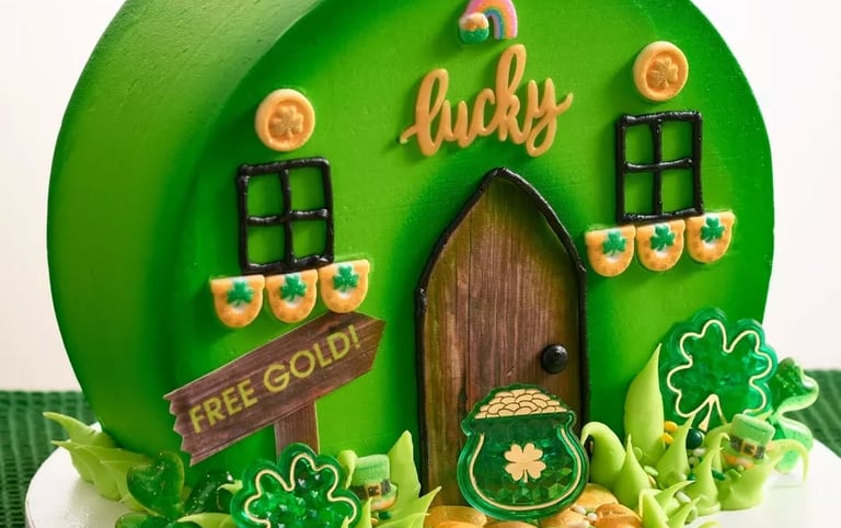 a cake with a green and white house with shamrocks