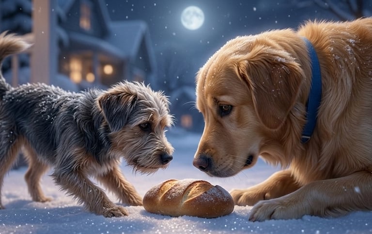 Two dogs sniffing a loaf of bread in the snow at night under a full moon.