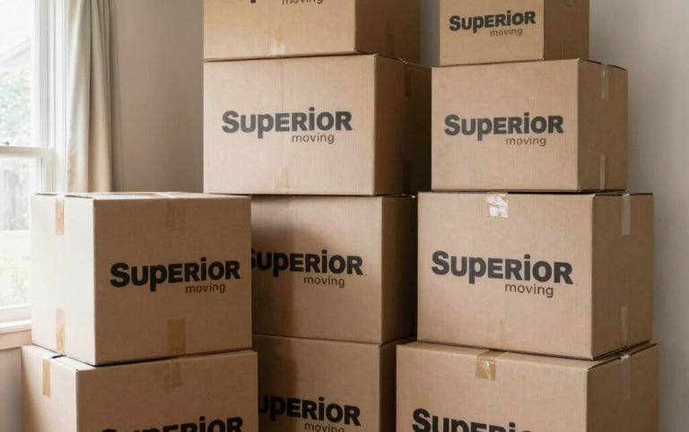 Interior of a climate-controlled storage facility under bright even fluorescent light, rows of labeled cardboard boxes stacked on pallets with clear aisle space, overhead angle showing organization and scale