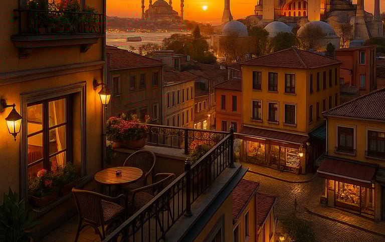 rooftop terrace of a boutique hotel in Istanbul, overlooking the Blue Mosque and Hagia Sophia at sunset, with cozy outdoor se