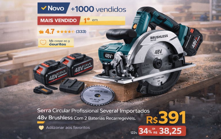 Professional 48V cordless brushless circular saw with two rechargeable batteries and a TCT saw blade.