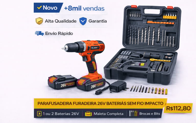 Kit de parafusadeira e furadeira de impacto 26V com maleta de ferramentas, brocas e baterias extras.