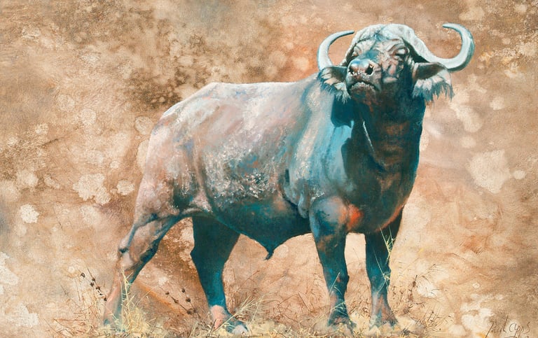 Oil painting of a single Cape Buffalo, Duggaboy on an abstract background
