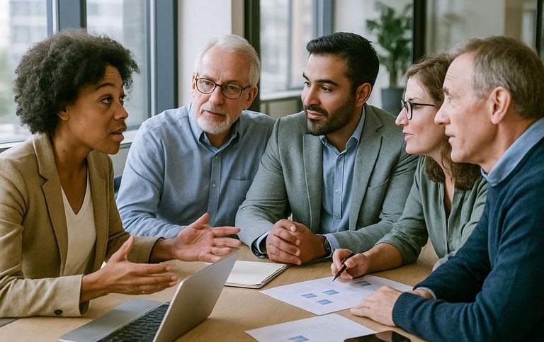 Staffing and recruiting professionals in a business meeting, engaged in discussion about the best hiring solutions