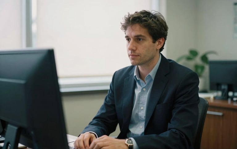 Candid documentary film photograph of a male psychologist in a thoughtful office setting, soft natural overcast daylight, muted navy and sage tones, 35mm portraiture
