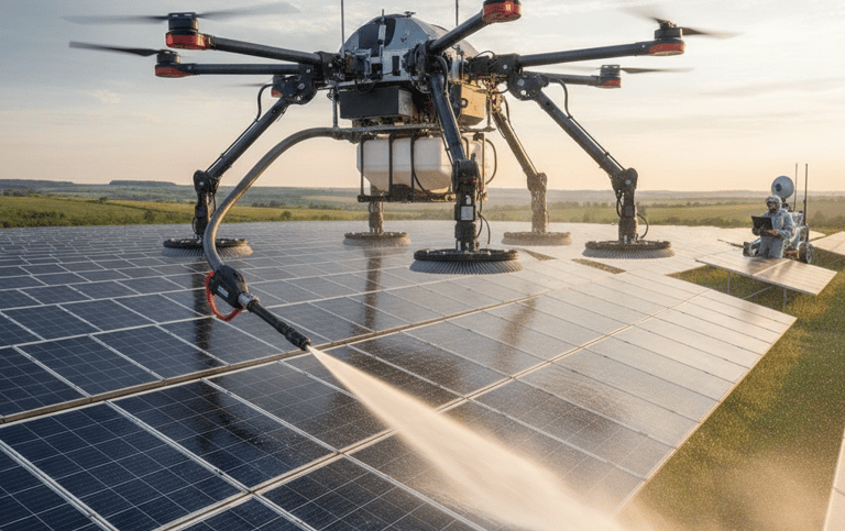 Dron myjący panel fotowoltaiki