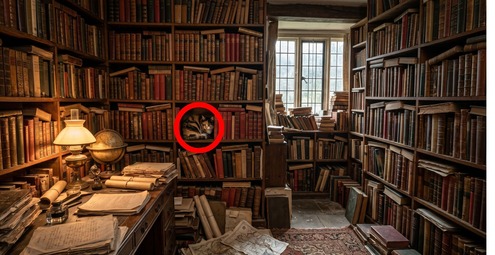 Solution to the easy spot the cat puzzle, showing the cat sitting quietly on the middle shelf.