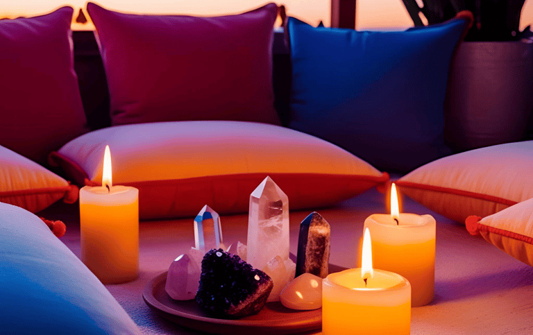 close up on of tumbled and raw crystals and 3 candles with pillows on the back