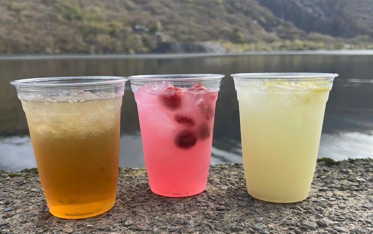 Iced drinks next to Lake Padarn. Peach tea, Cloudy lemonade, 