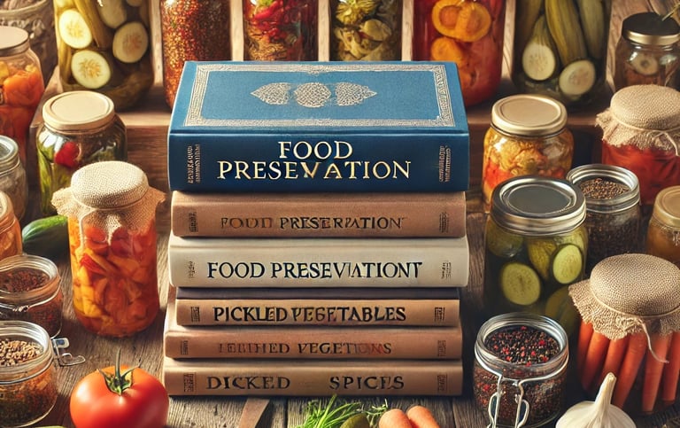 Food preservation books with canning jars and dried herbs on a rustic table