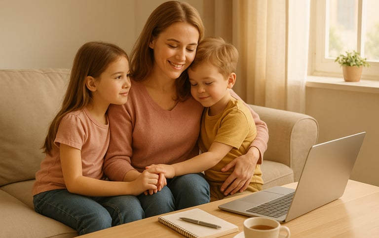 Uśmiechnięta kobieta siedzi na kanapie z dwójką dzieci, jedno trzyma ją za rękę, drugie ją przytula.