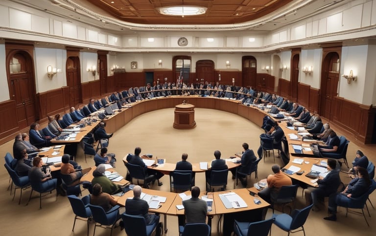 a large circular table with people sitting around it