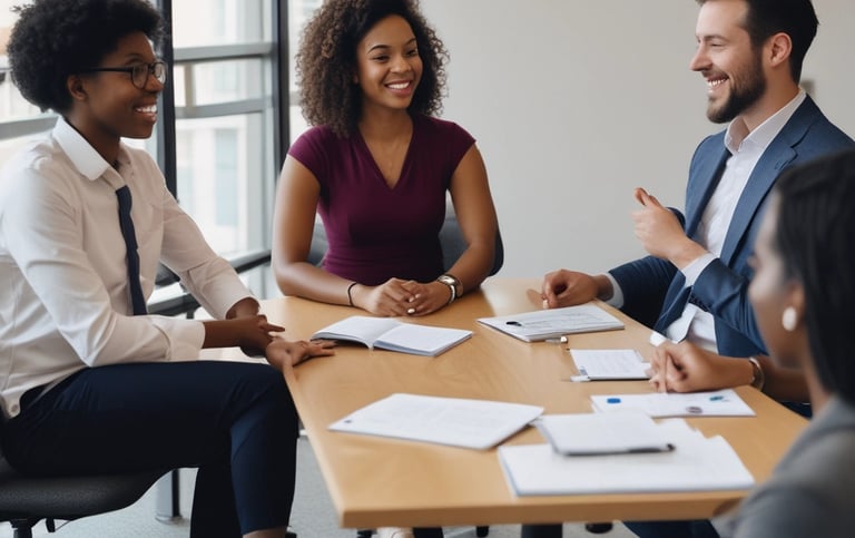 Four people discussing work at a table.