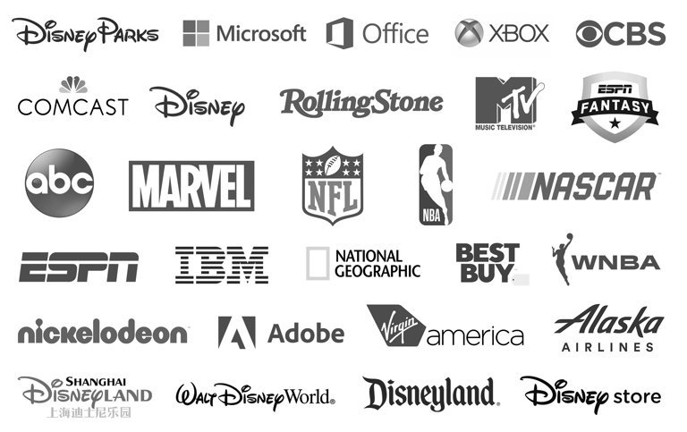 logo wall with Disney, ESPN, Alaska Airlines, Rolling Stone, Microsoft and Marvel