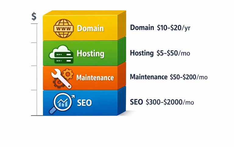 Website ongoing costs: domain, hosting, maintenance, and SEO pricing breakdown