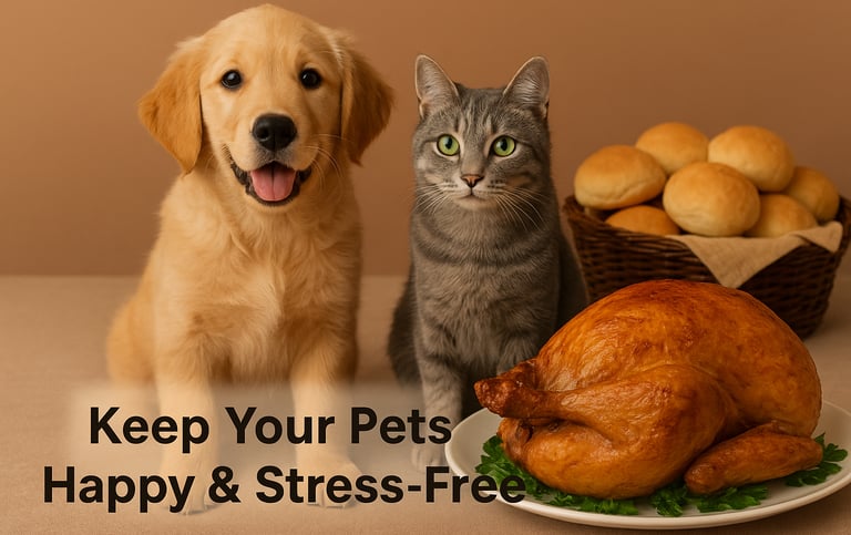 cat and dog relaxing in quiet room Burlington Thanksgiving pet tips