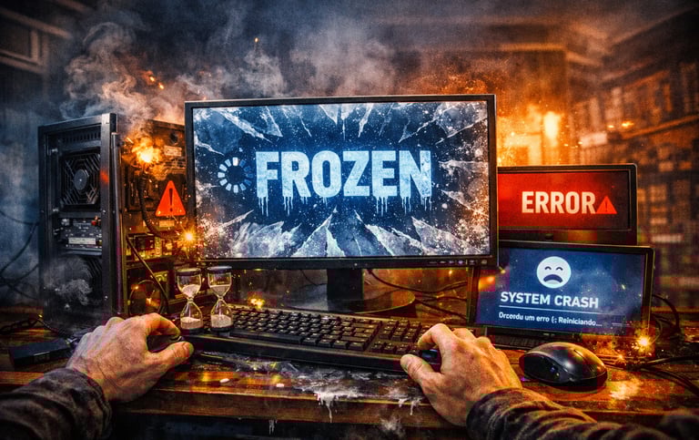 O sistema do computador travou, a tela congelou com mensagens de erro