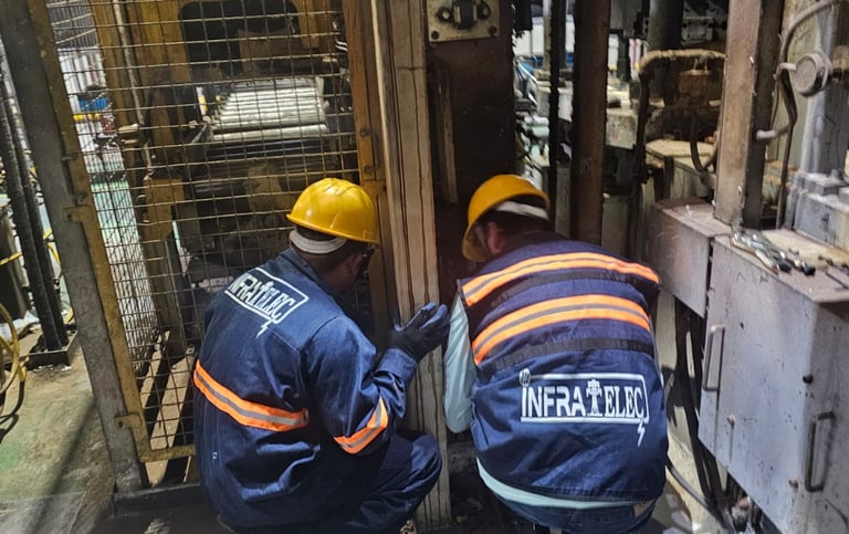 two men in safety gear working on a forklift