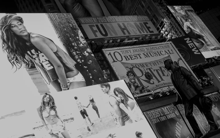 a man standing in front of a wall with a lot of posters