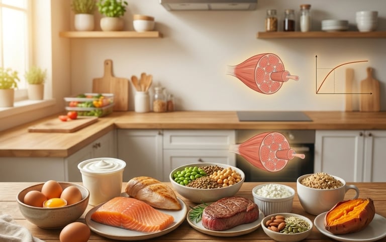 Assorted high-protein foods for muscle growth including salmon, eggs, and lean meats on a kitchen counter.