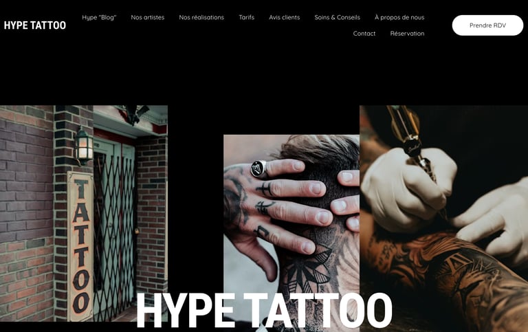 Page d'accueil du site web du salon de tatouage Hype Tattoo, présentant le salon, un tatoueur