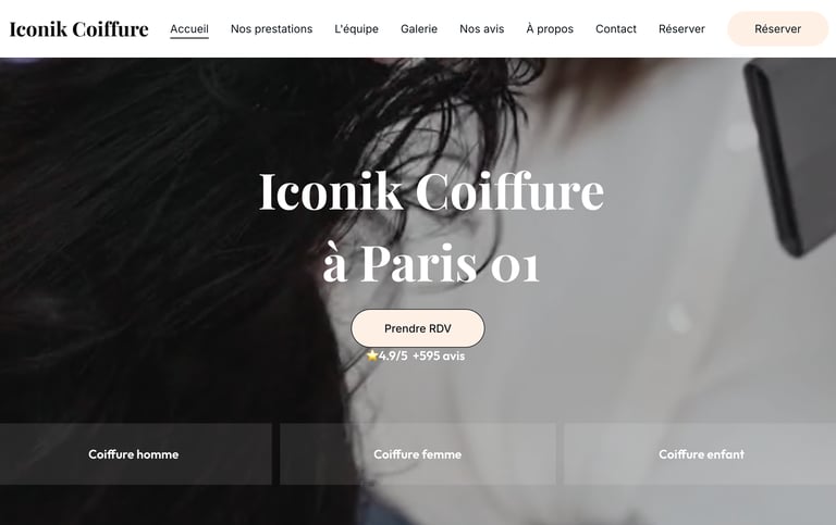Page d'accueil du site web du salon de coiffure Iconik Coiffure à Paris 01 présentant les options