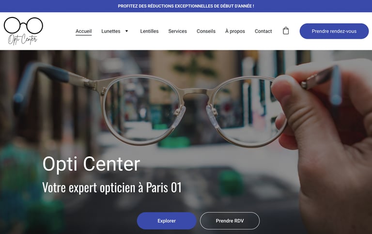 Page de présentation d'Opti Center, une boutique d'optique, des lunettes dans une main
