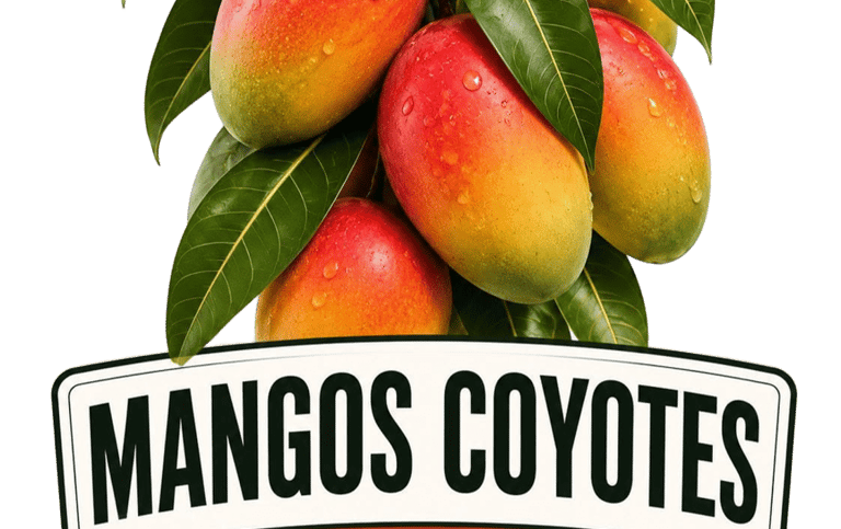 Logotipo de Mangos Coyotes, los mejores de la región, sobre una ilustración de mangos frescos