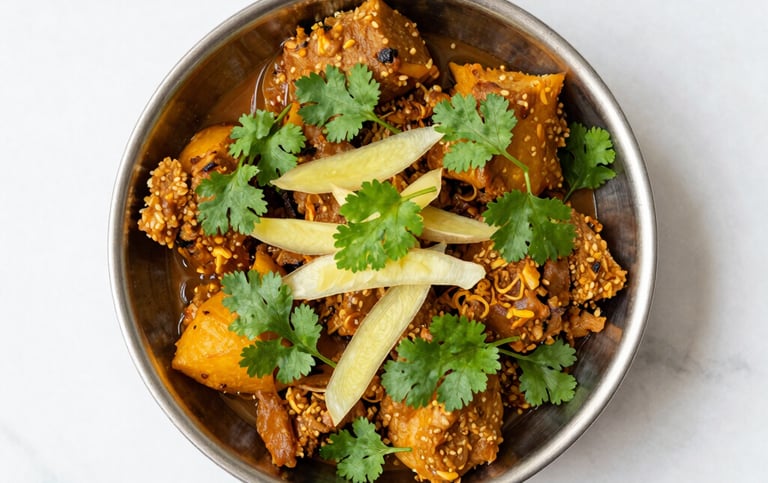 Bright top-down flat-lay of macro-balanced Pakistani handi dish, fresh coriander, ginger juliennes, clean white marble background, crisp details, 50mm lens