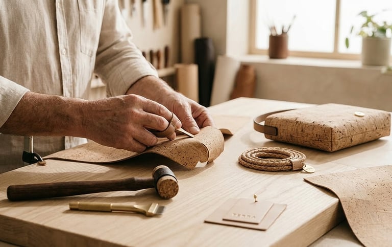 Artisan craftsman handmade sustainable cork leather handbag on a wooden workbench with tools.