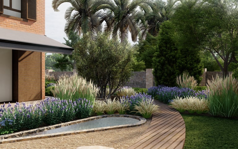 Jardín privado con gramíneas ornamentales y plantas resistentes en Barcelona