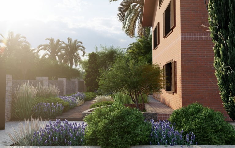 Jardín privado con gramíneas ornamentales y plantas resistentes a la sequía en las afueras