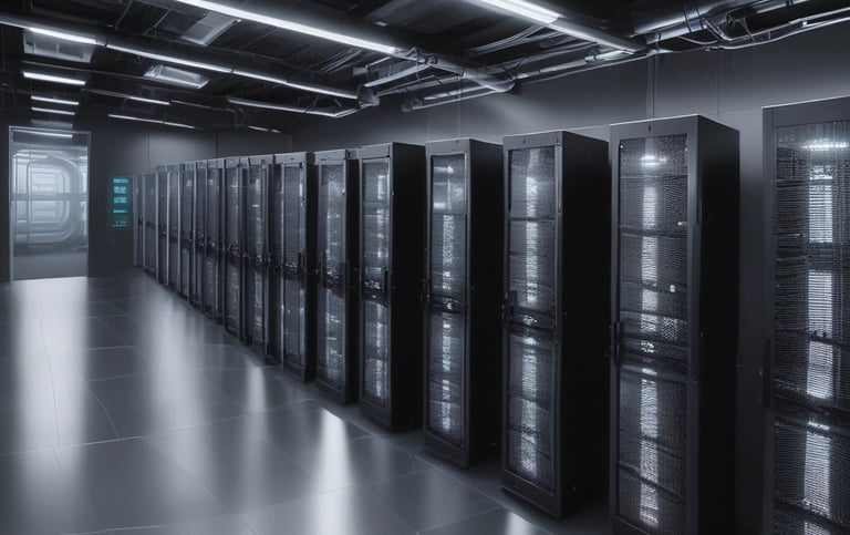 A sleek, modern office workspace with dual monitors displaying cloud infrastructure diagrams and AI automation workflows.