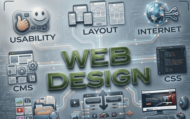 Digital infographic showing web design elements including usability, layout, CMS, and CSS coding.