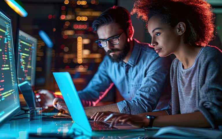 Man and woman working on a laptop, symbolizing technology development for projects.