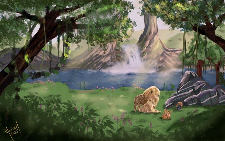 Couple of lions with cubs and an oasis with mountains and waterfall 