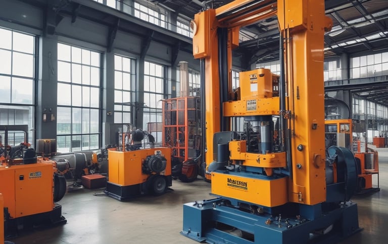 An industrial factory floor with heavy machinery and workers in safety gear.