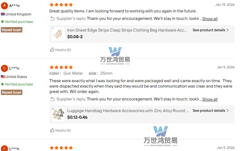Positive customer reviews for luggage and handbag hardware accessories from Wan Shihong Trading.