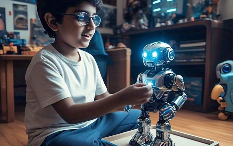 image of a Pakistani kid, playing with a robot