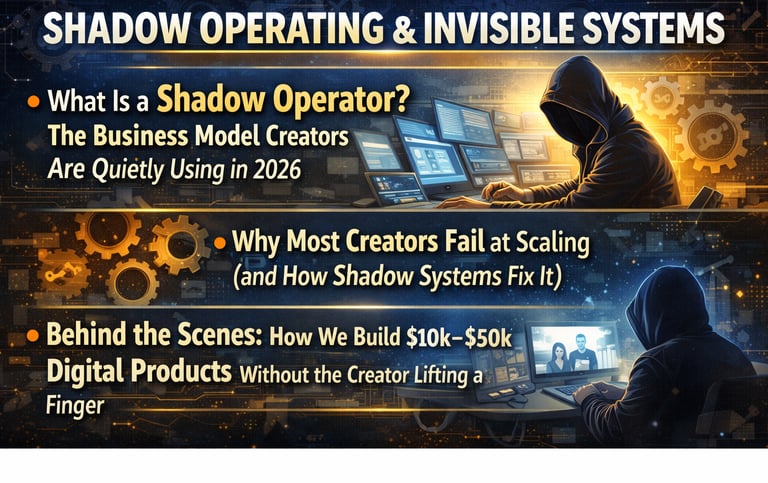 A hooded shadow operator manages digital products and business systems across multiple computer monitors.