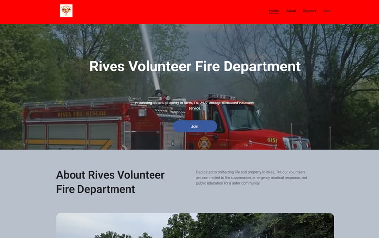 Rives Volunteer Fire Department website showing a red fire engine and department mission statement.