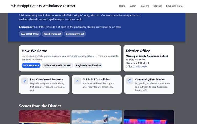 The official website for Mississippi County Ambulance District providing 24/7 emergency medical services in Missouri.