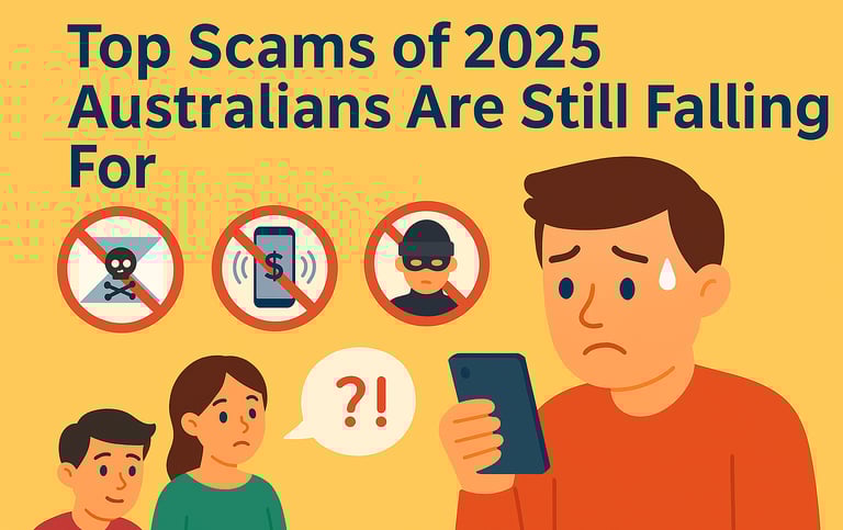 "Man checking phone with scam warning icons for email, calls, and impersonation fraud.